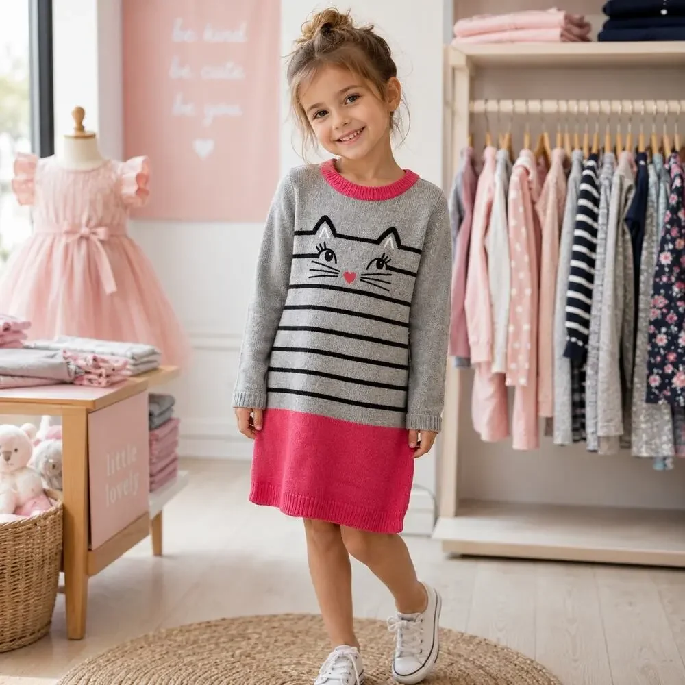 Gymboree Gray Coral Cat Embroidered Sweater Dress NWT 8